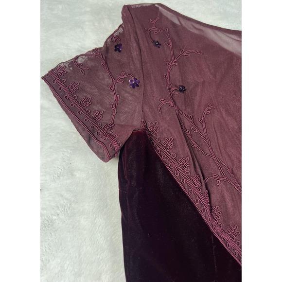 Maggy London Dress Womens 6 Burgundy Velvet Mesh Embroidered Evening Gown Maxi - Picture 4 of 14